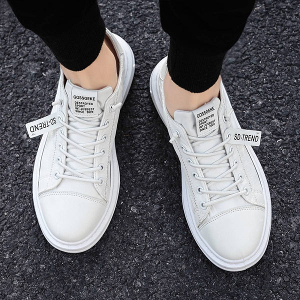 Men Sneakers Fashion Soft Leather Breathable Rubber Sole Round Toe Lace Up Flat Casual Shoes Street Style Sports Shoes Travel Walking Shoes