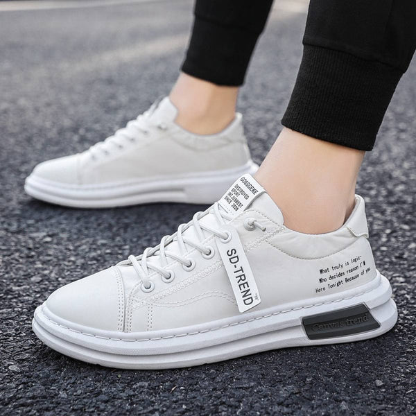 Men Sneakers Fashion Soft Leather Breathable Rubber Sole Round Toe Lace Up Flat Casual Shoes Street Style Sports Shoes Travel Walking Shoes