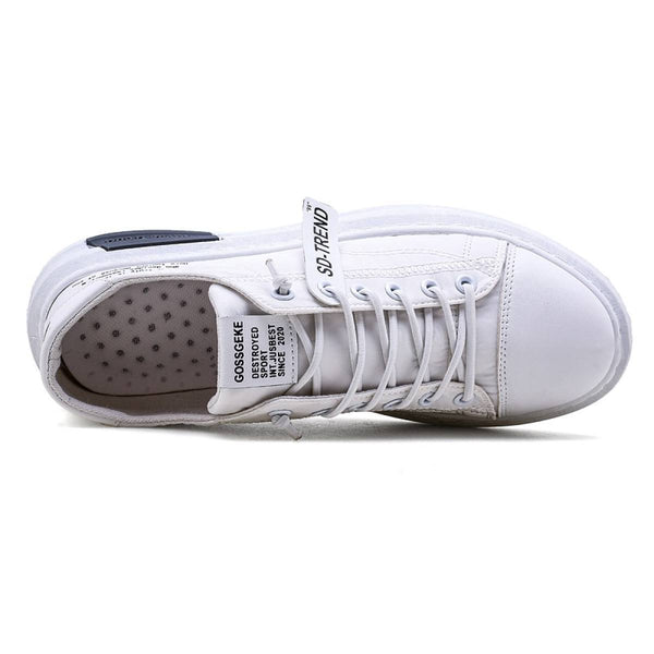 Men Sneakers Fashion Soft Leather Breathable Rubber Sole Round Toe Lace Up Flat Casual Shoes Street Style Sports Shoes Travel Walking Shoes