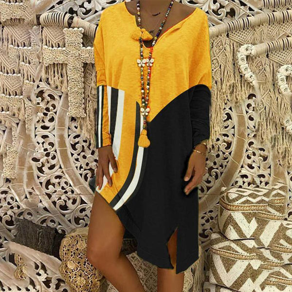 WOMEN V-NECK LONG SLEEVE PRINTED DRESS