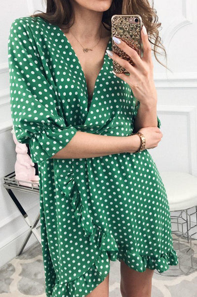 WOMEN SHORT DRESS RUFFLES PRINT POLKA DOT SEXY BODYCON BEACH HALF SLEEVE SUMMER PARTY MINI DRESSES