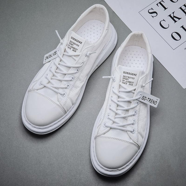 Men Sneakers Fashion Soft Leather Breathable Rubber Sole Round Toe Lace Up Flat Casual Shoes Street Style Sports Shoes Travel Walking Shoes