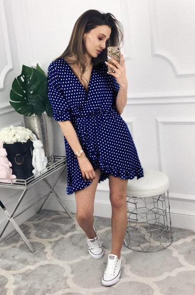 WOMEN SHORT DRESS RUFFLES PRINT POLKA DOT SEXY BODYCON BEACH HALF SLEEVE SUMMER PARTY MINI DRESSES