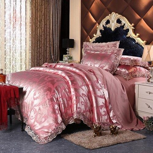 Fateena Silver Brown Luxury Satin Cotton Lace Duvet Cover Set