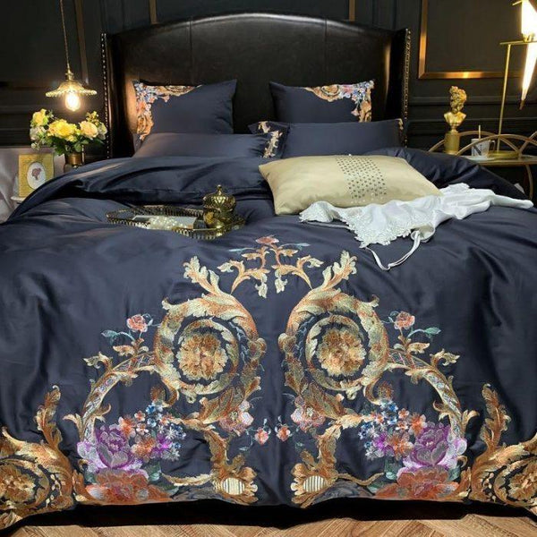 Leroux Black Egyptian Cotton Premium Embroidery Duvet Cover Set