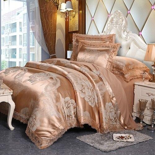 Fateena Silver Brown Luxury Satin Cotton Lace Duvet Cover Set