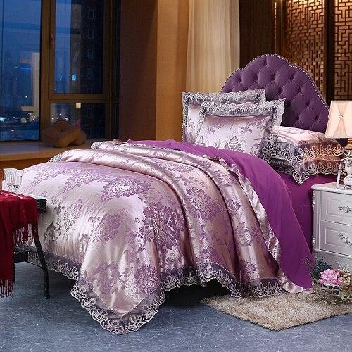 Fateena Silver Brown Luxury Satin Cotton Lace Duvet Cover Set