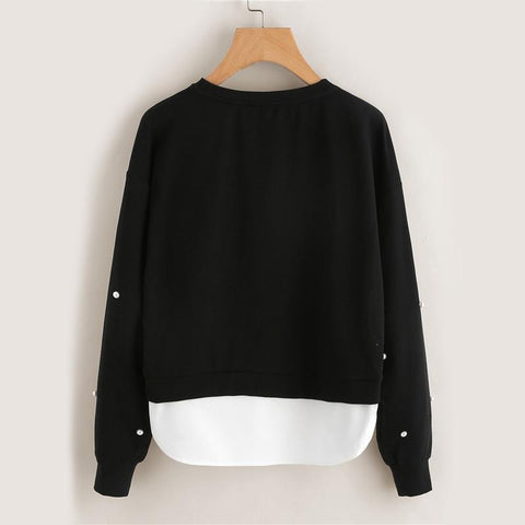 SWEATSHIRT WOMAN PEARL BEADING 2 IN 1 SWEATSHIRT AUTUMN WOMEN SWEATSHIRT BLACK LONG SLEEVE ELEGANT PULLOVERS