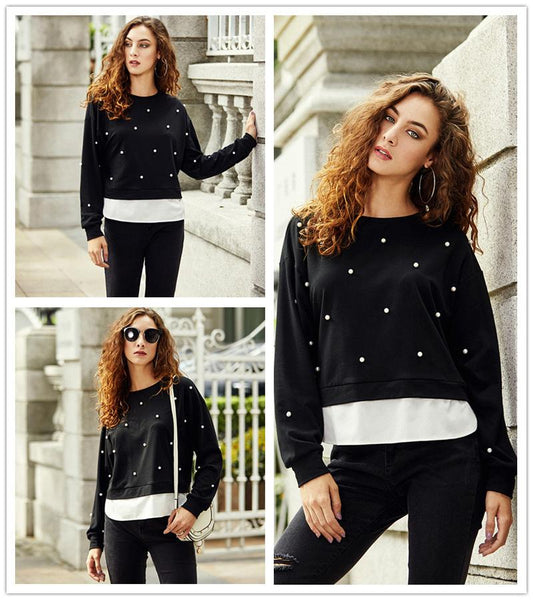 SWEATSHIRT WOMAN PEARL BEADING 2 IN 1 SWEATSHIRT AUTUMN WOMEN SWEATSHIRT BLACK LONG SLEEVE ELEGANT PULLOVERS